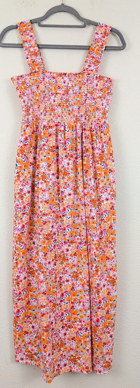 Old Navy sz M Midi Dress knit sleeveless tank smocked orange floral print 1097